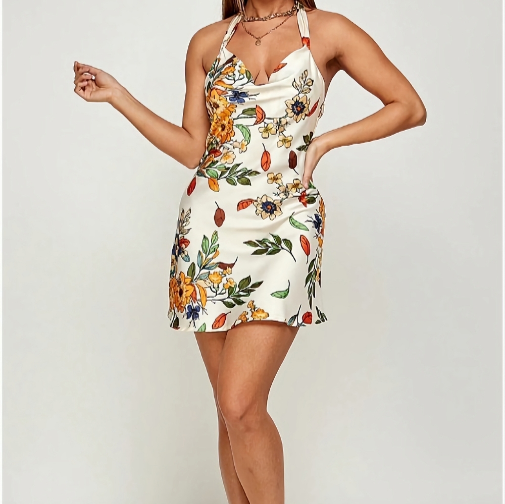 Satin Botanical Halter Neck Mini Dress